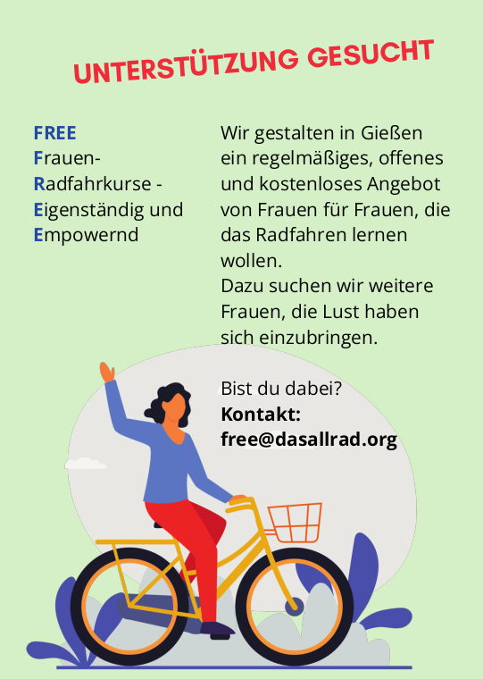 Auf dem Flyer ist stilisiert eine radfahrende winkende Person mit langen Haaren auf einem Hollandrad mit Korb vorn zu sehen.